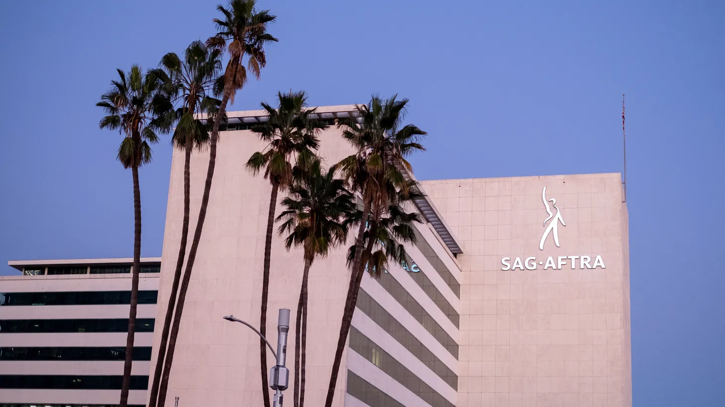 The SAG-AFTRA building is seen during sunset in Mid City, Los Angeles, CA.