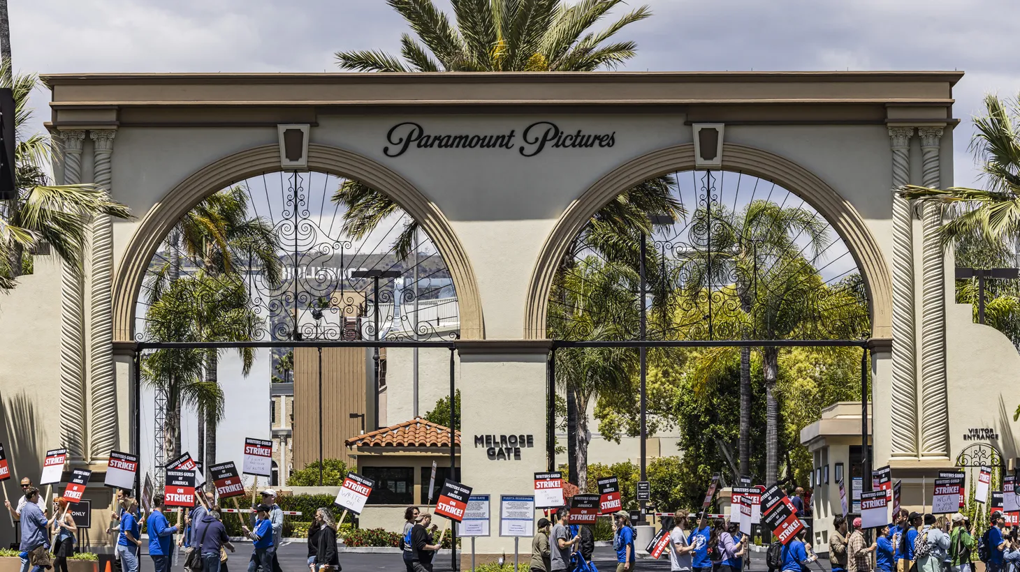Writers Guild of America members are on strike outside Paramount Picture Studios’ Windsor gates in Hollywood, CA, May 2, 2023.