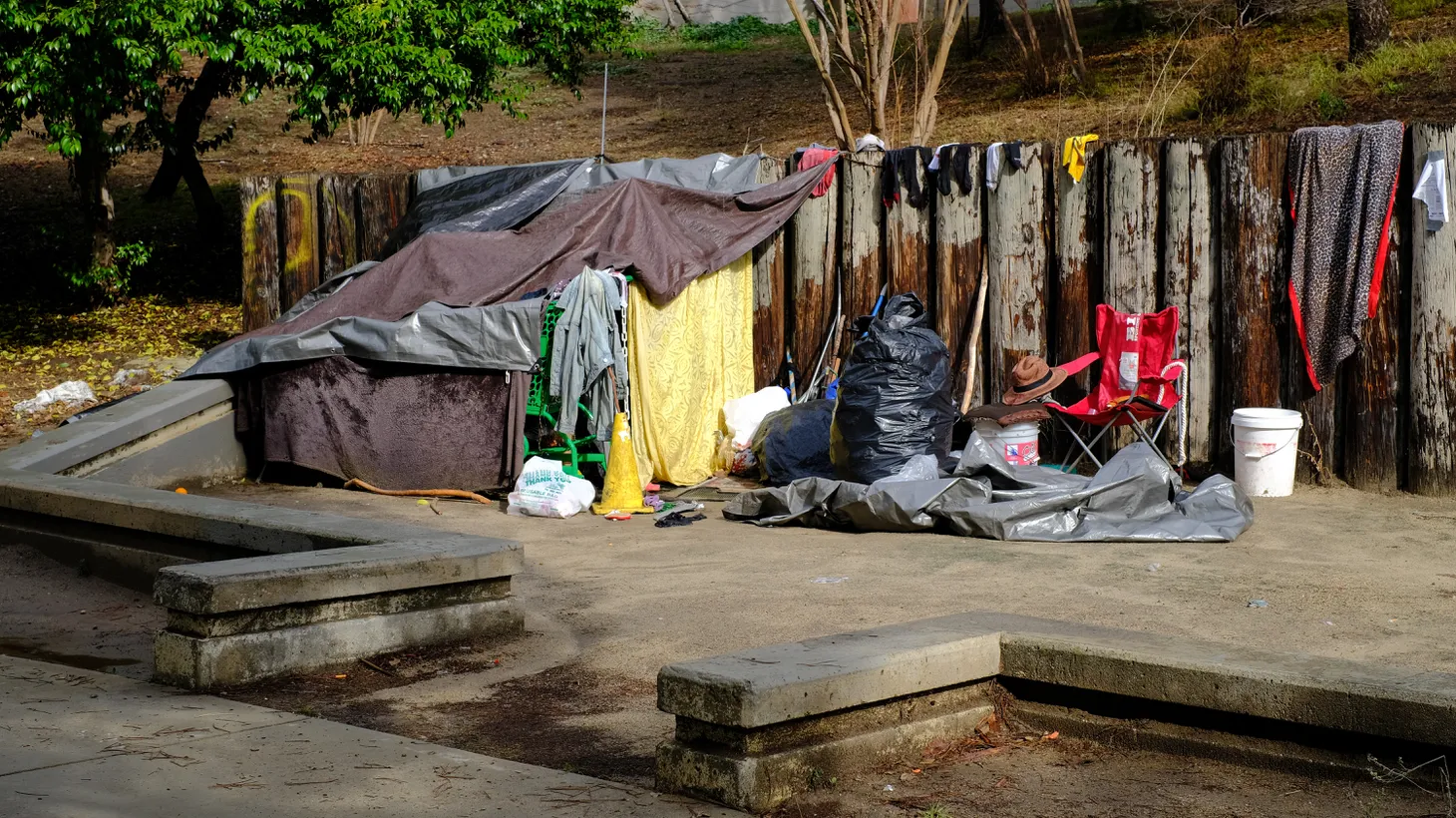 A homeless encampment is seen at Pan Pacific Park, near the Grove in Los Angeles, CA, December 22, 2023.