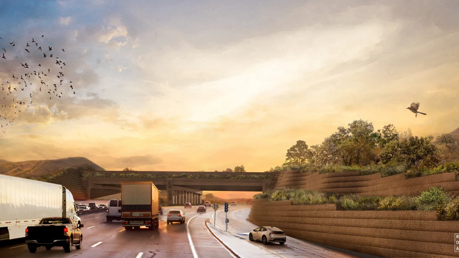 This rendering shows the completed Wallis Annenberg Wildlife Crossing, which will provide a safe passage for animals and insects over the 101 freeway.