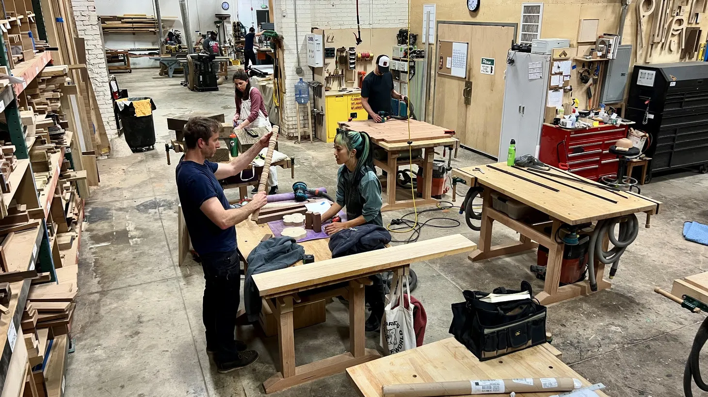 Students and instructors work on craft and carpentry projects inside the LA Woodshop’s 7,000-square-foot space in Downtown Los Angeles.