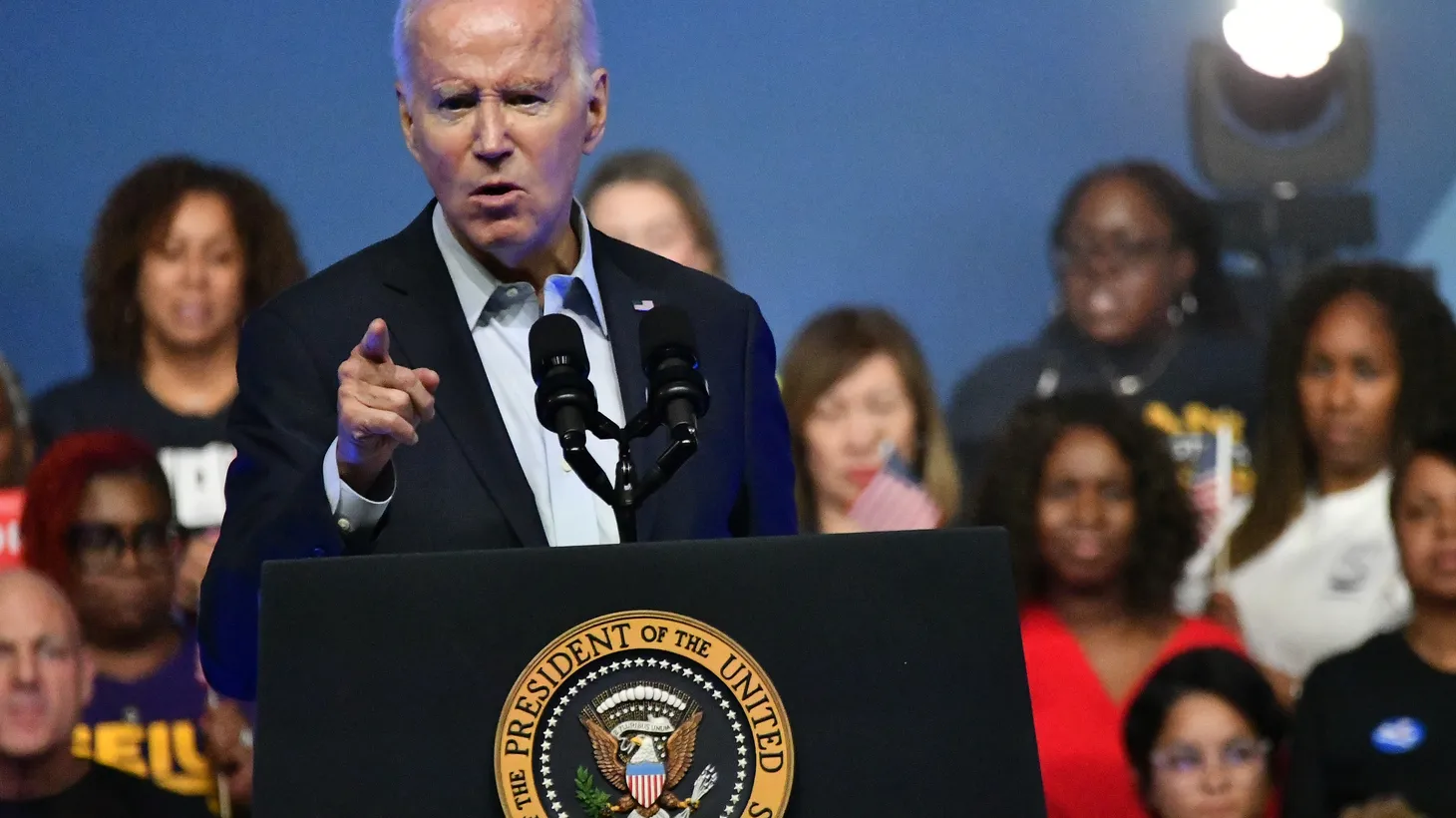 President Joseph Biden speaks on stage during a rally at the Pennsylvania Convention center in Philadelphia, PA, on June 17, 2023. This marks the first event in his 2024 presidential campaign.