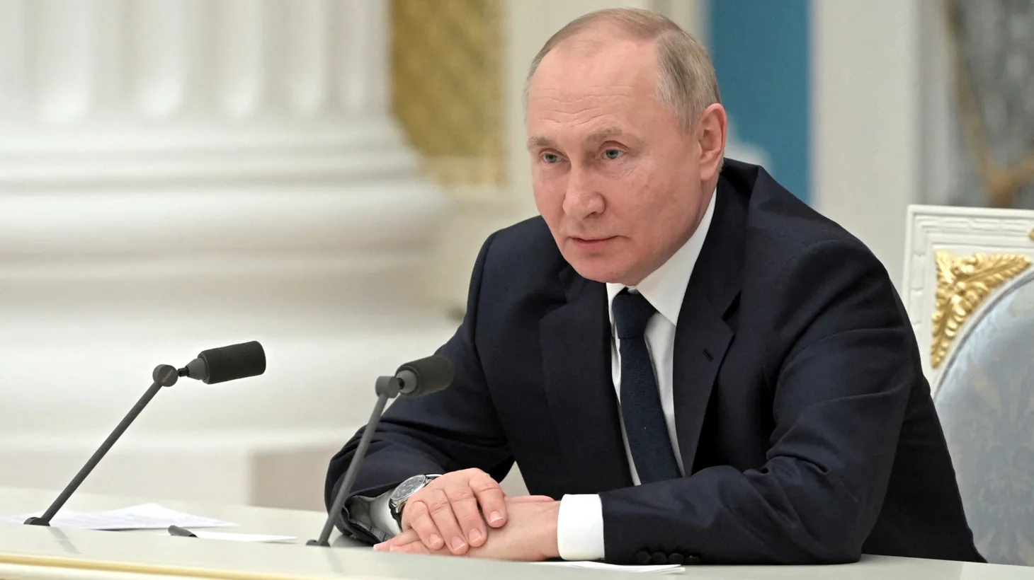 Russian President Vladimir Putin speaks during a meeting with representatives of the business community at the Kremlin in Moscow, Russia on Feb. 24, 2022.