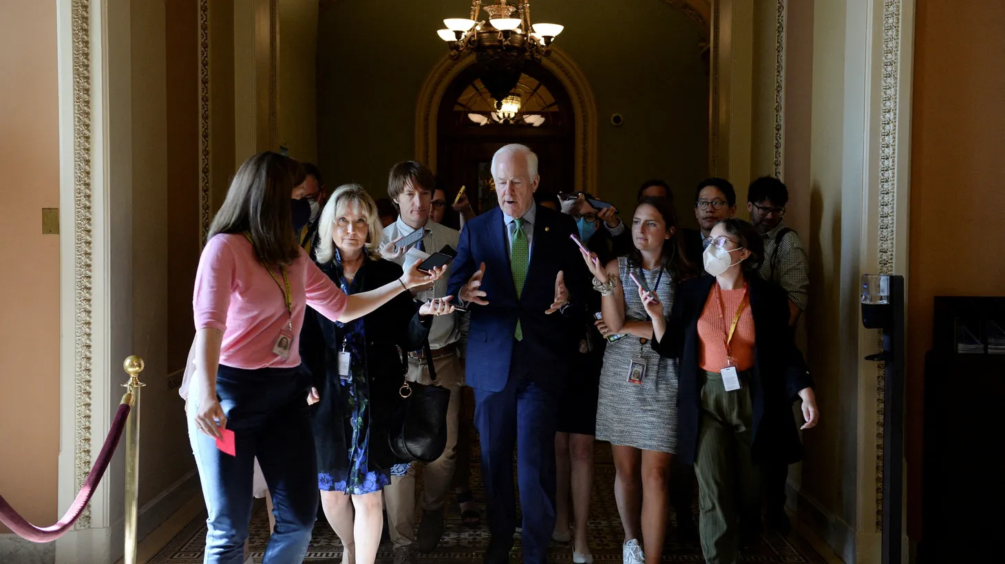 U.S. Senator John Cornyn (R-TX), the lead Republican negotiator in bipartisan gun legislation talks, is questioned by reporters at the U.S. Capital in Washington, U.S. June 21, 2021.