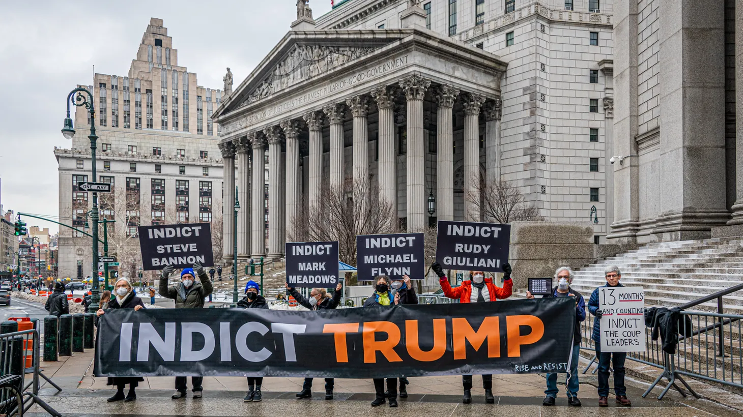 Activists gathered in New York on February 2, 2022 to demand the indictments of everyone involved in the planning of the January 6, 2021 attack on the U.S. Capitol be indicted.