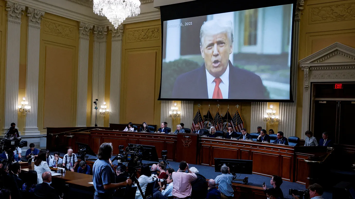 A video of former U.S. President Donald Trump is played as Cassidy Hutchinson, who was an aide to former White House Chief of Staff Mark Meadows during the Trump administration, testifies during a House Select Committee public hearing that investigates the January 6 attack on the U.S. Capitol, in Washington, U.S., June 28, 2022.