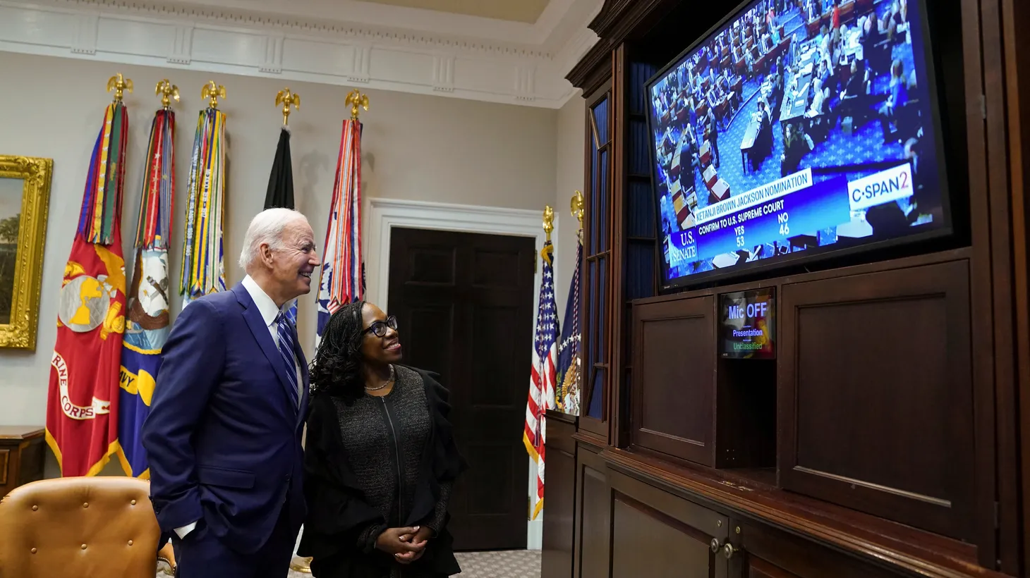 U.S. President Joe Biden and Supreme Court nominee Judge Ketanji Brown Jackson watch as the full U.S. Senate votes to confirm Jackson as the first Black woman to serve on the U.S. Supreme Court in Washington on Apr. 7, 2022.