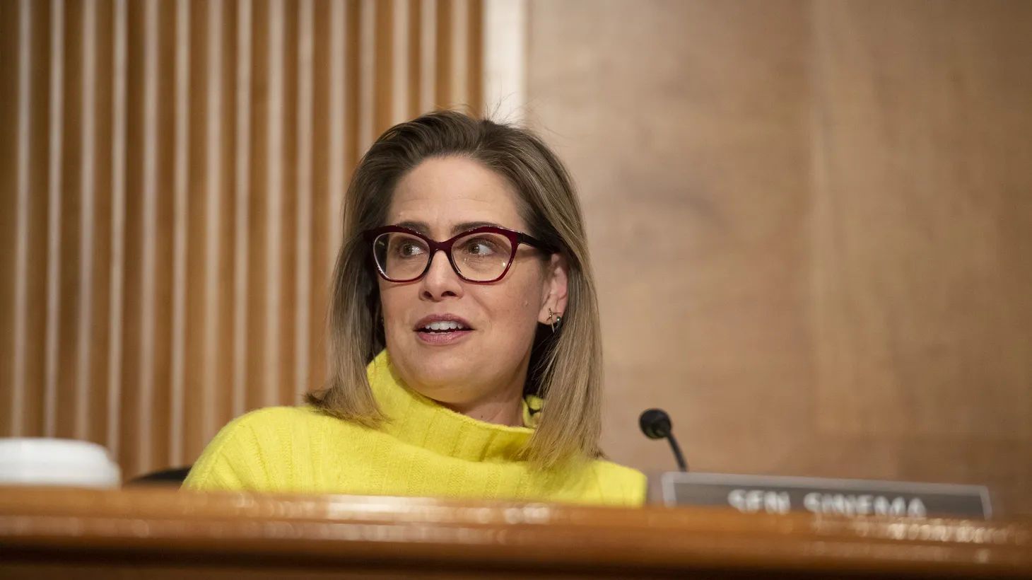 Sen. Krysten Sinema, I-AZ, speaks during a hearing to examine nominations of Shalanda D. Young, from Louisiana, and Nani Coloretti, from California, at the US Capitol in Washington, DC on Tuesday, February 1, 2022.