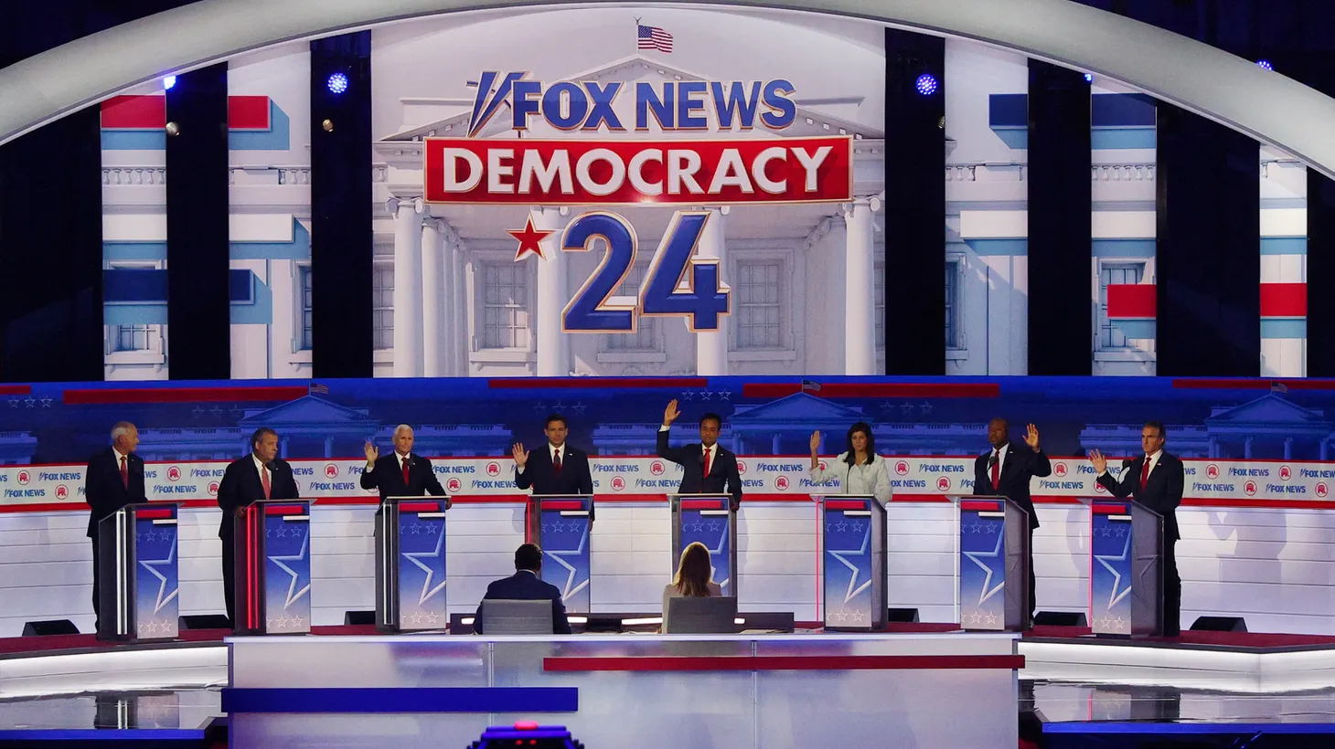 Six of the eight Republican presidential contenders indicate that they would support Donald Trump as their party's 2024 White House nominee even if he is convicted of a crime — at the first Republican candidates' debate of the 2024 U.S. presidential campaign in Milwaukee, Wisconsin. August 23, 2023.