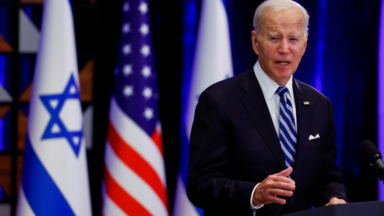 U.S. President Joe Biden delivers remarks as he visits Israel amid the ongoing conflict between Israel and Hamas, in Tel Aviv, Israel, October 18, 2023.