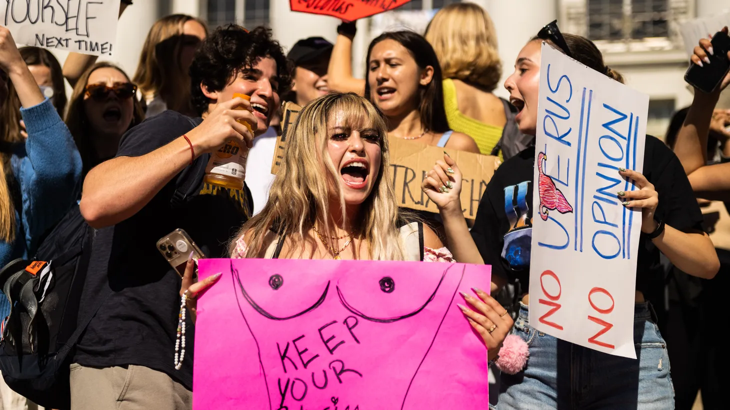 UC Berkeley students protest on campus in response to a leaked draft of the Supreme Court's opinion to overturn Roe v. Wade on May 4, 2022 in Berkeley, CA.