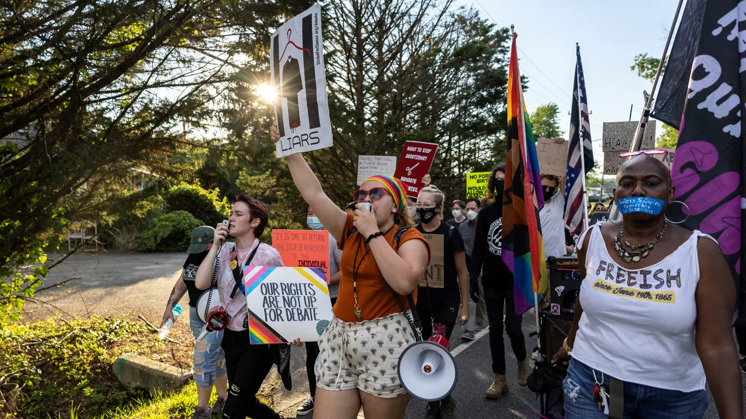 Abortion rights activists march to the home of United States Supreme Court Justice Samuel Alito's home in Alexandria, Virginia, U.S., June 27, 2022.