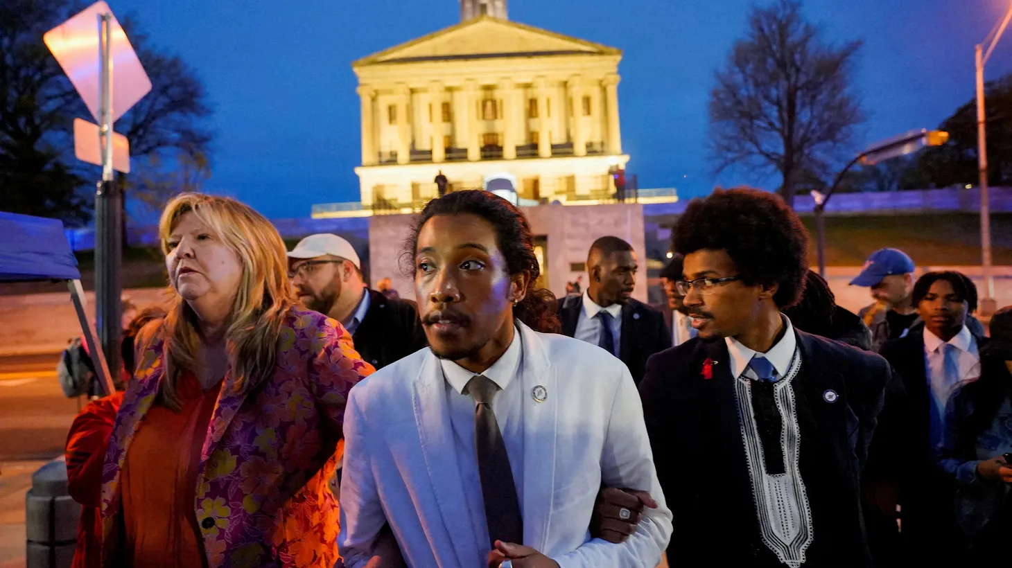 Rep. Justin Pearson, Rep. Justin Jones, and Rep. Gloria Johnson leave the Tennessee State Capitol after a vote at the Tennessee House of Representatives to expel two Democratic members for their roles in a gun control demonstration at the statehouse last week, in Nashville,Tennessee, U.S., April 6, 2023.