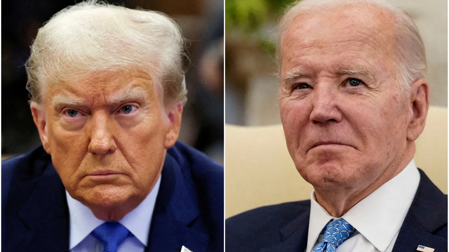 Combination picture showing former U.S. President Donald Trump attending the Trump Organization civil fraud trial, in New York State Supreme Court in New York City, U.S., November 6, 2023 and U.S. President Joe Biden in the Oval Office in Washington, U.S., March 1, 2024.