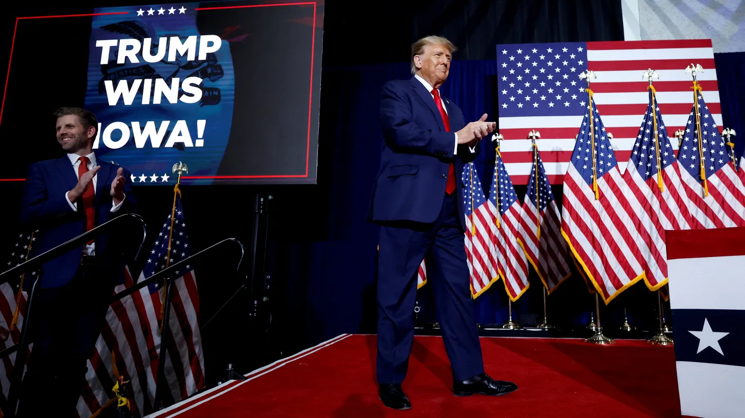 Republican presidential candidate and former U.S. President Donald Trump takes the stage during his Iowa caucus watch party in Des Moines, Iowa, January 15, 2024.