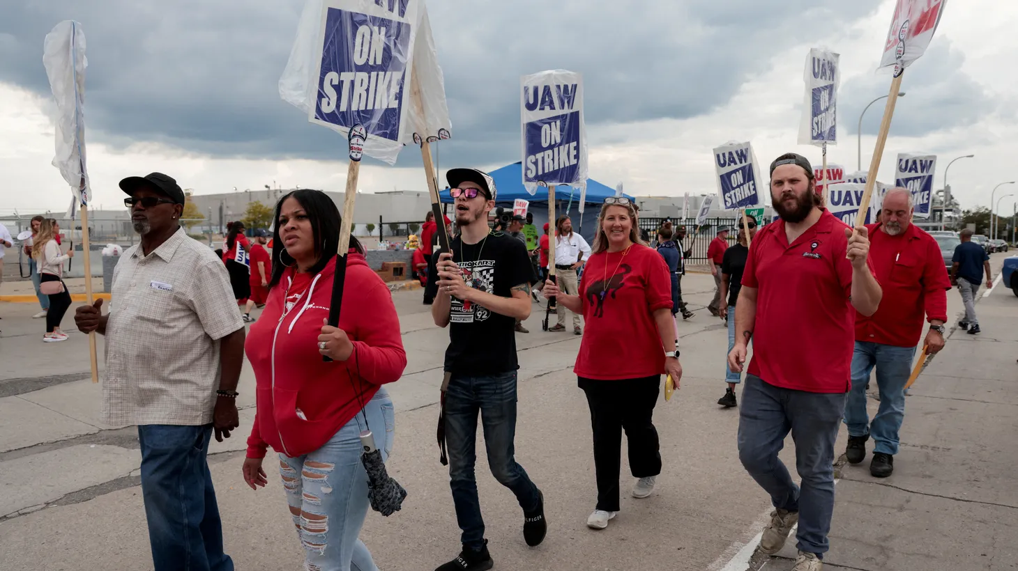 Striking United Auto Workers walk the picket line in Wayne, Michigan, U.S. September 17, 2023.