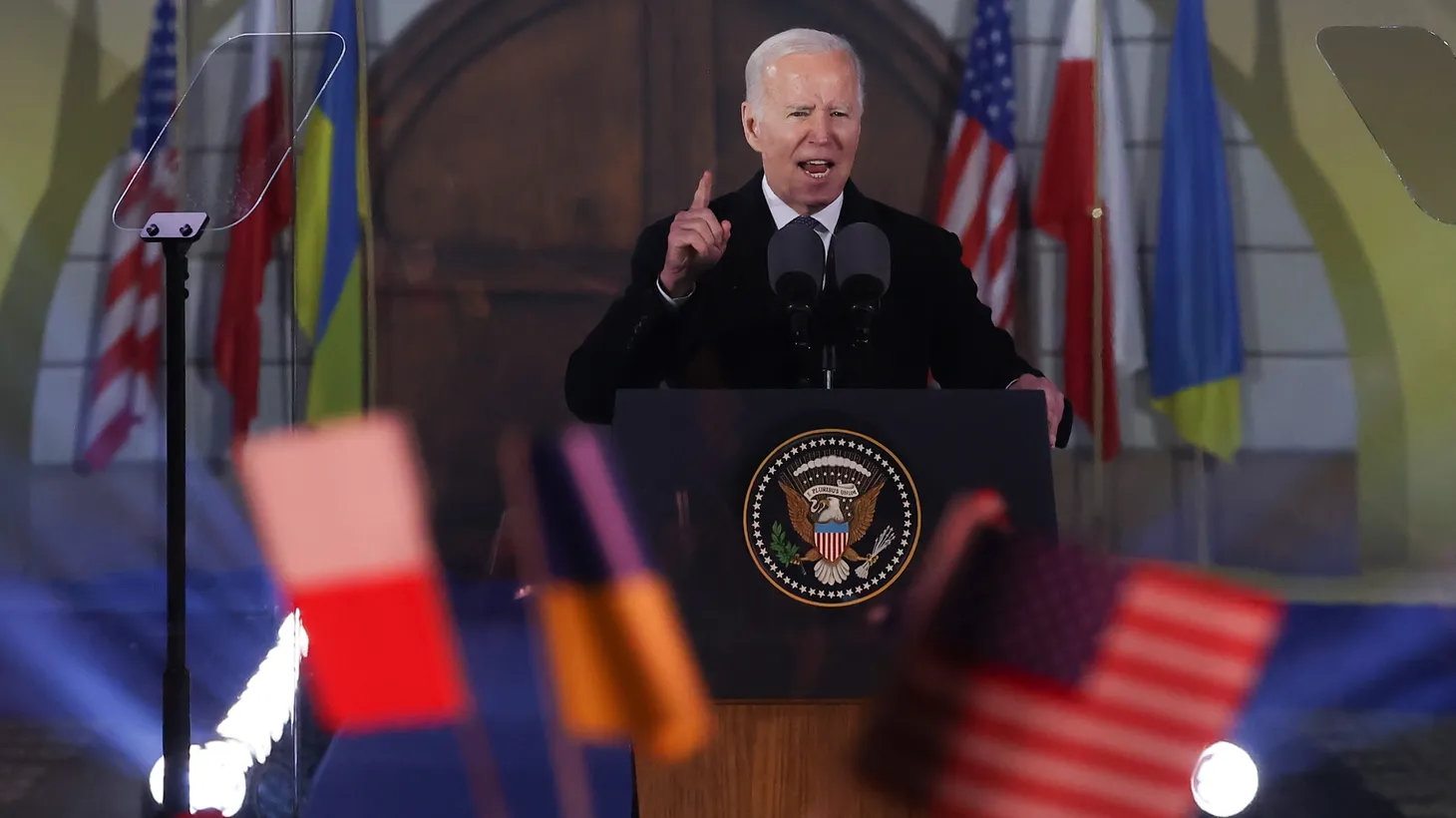 President of the United States Joe Biden delivers the speech in Warsaw, Poland on February 21, 2023 after the unexpected visit to Kyiv, Ukraine.