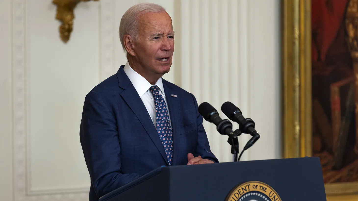 President Joe Biden speaks during a Medal of Honor ceremony in the East Wing of the White House, Sept. 5, 2023.