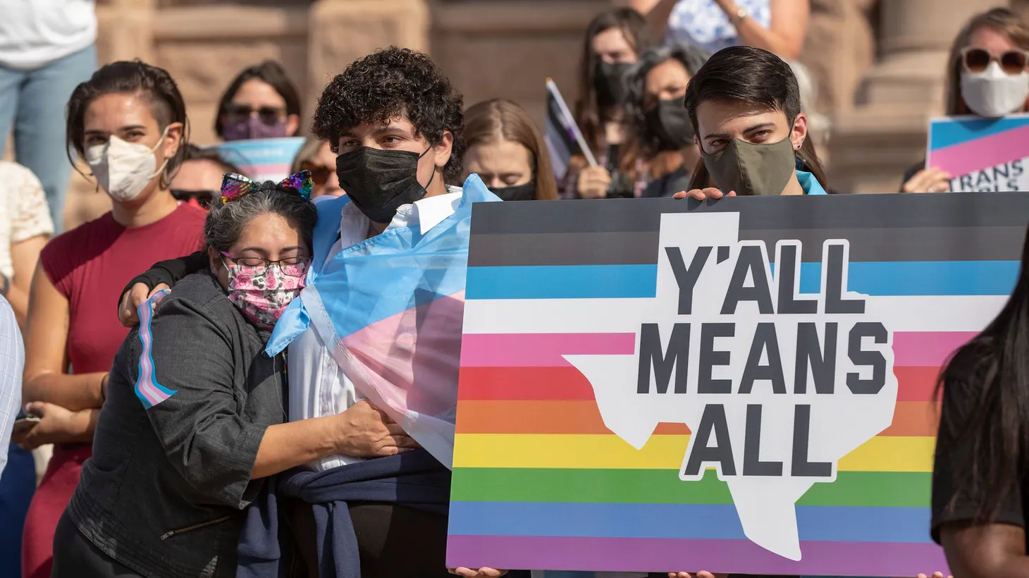 Texans gather to oppose anti-trans legislation in 2021. Last week, Texas Governor Greg Abbott announced a new policy equating gender-affirming care to child abuse.