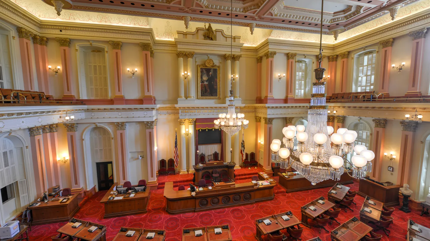 An empty Senate chamber in the California State Capitol building is seen on May 31, 2014. “Politics can be toxic enough as it is, and then you throw on the threats and the potential violence? It's no wonder that some people decide to take a pass, and that again is really bad for democracy,” says California State Senator Scott Weiner.