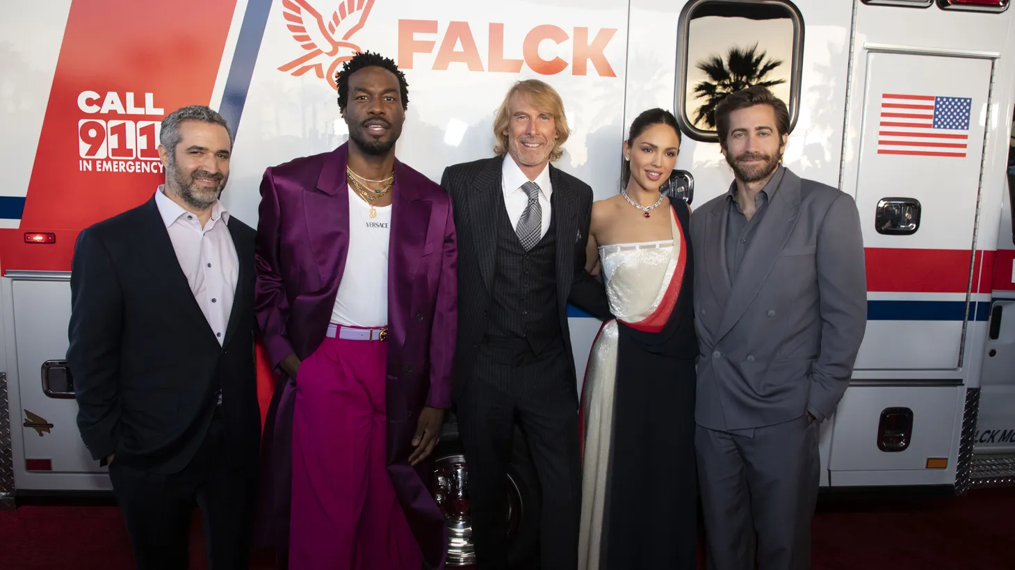 L to R: Producer Brad Fischer, Yahya Abdul-Mateen II, director/producer Michael Bay, Eiza González, and Jake Gyllenhaal attend the “Ambulance” premiere at the Academy Museum of Motion Pictures in Los Angeles, CA on April 4, 2022.