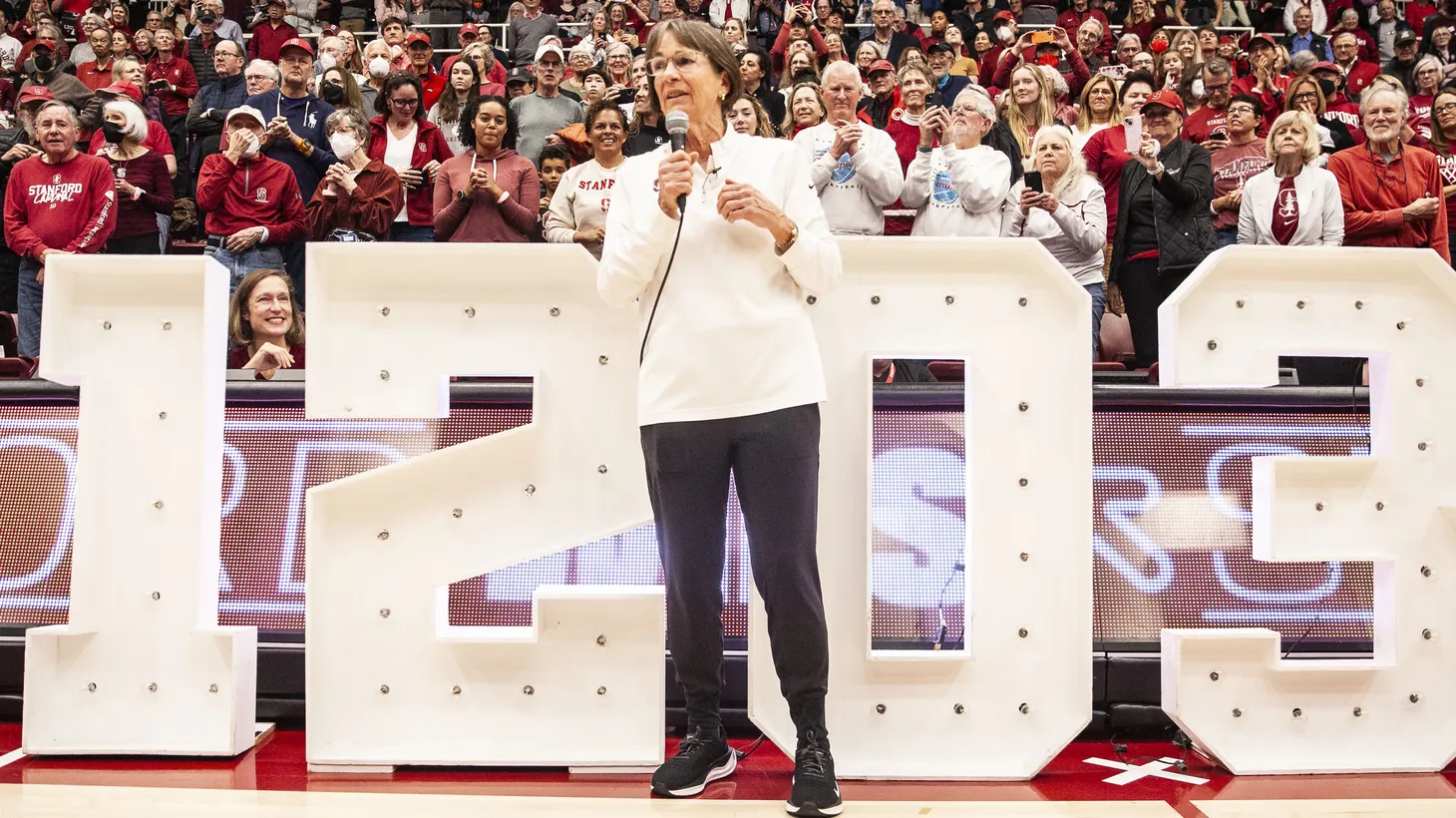 Stanford Head Coach Tara VanDerveer celebrates after the Stanford Cardinal beat the Oregon State Beavers during the NCAA women's basketball game, at Maples Pavilion Stanford, CA, January 21, 2024.