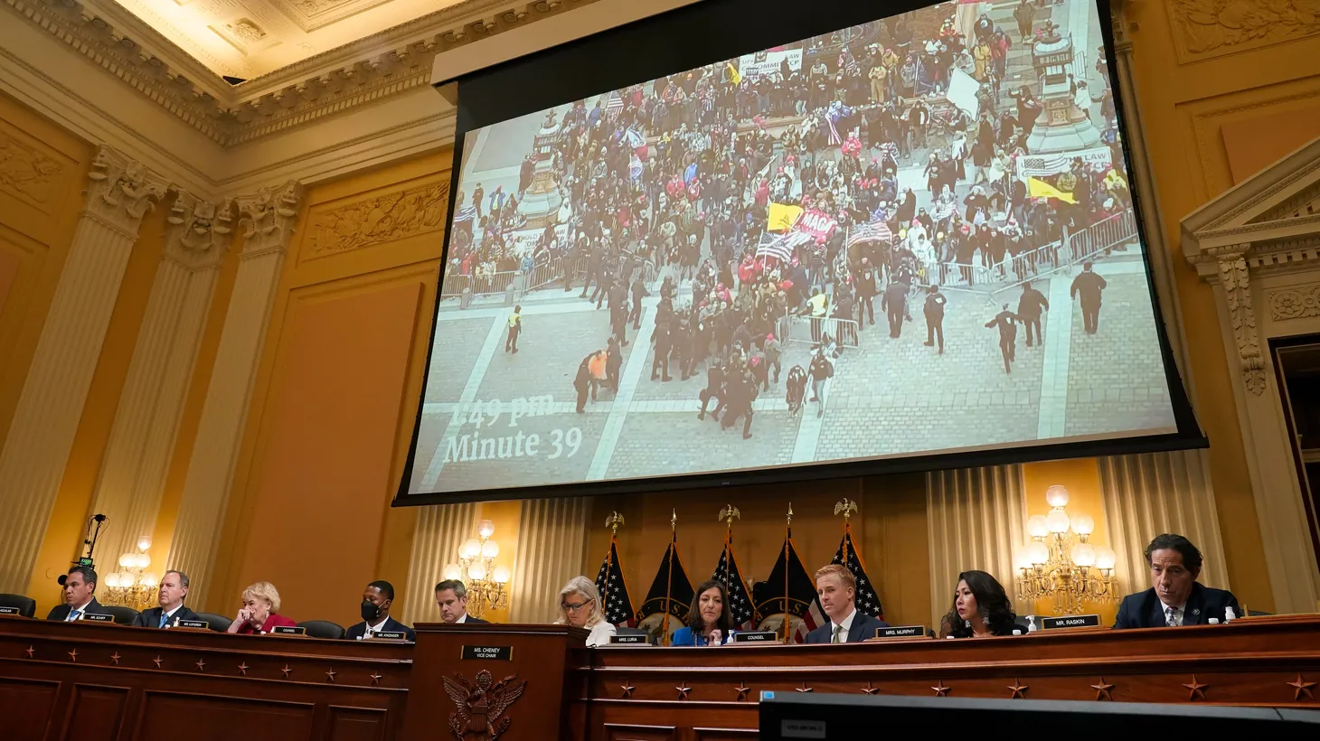 July 21, 2022: A video clip of rioters heading to the Capitol is played during a public hearing before the House Select Committee to investigate the January 6 attack.