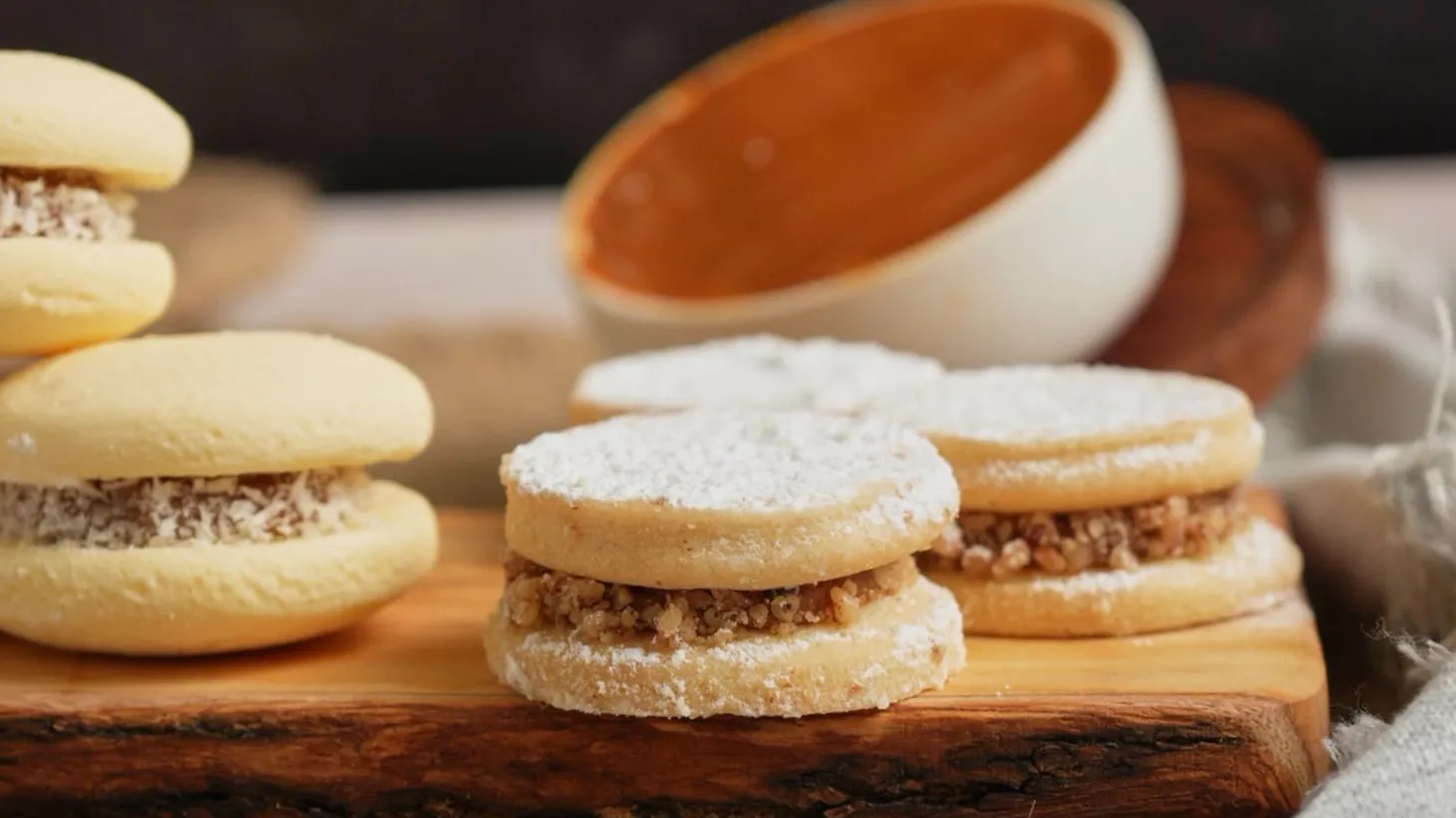Alfajores are melt-away sandwich cookies filled with dulce de leche.