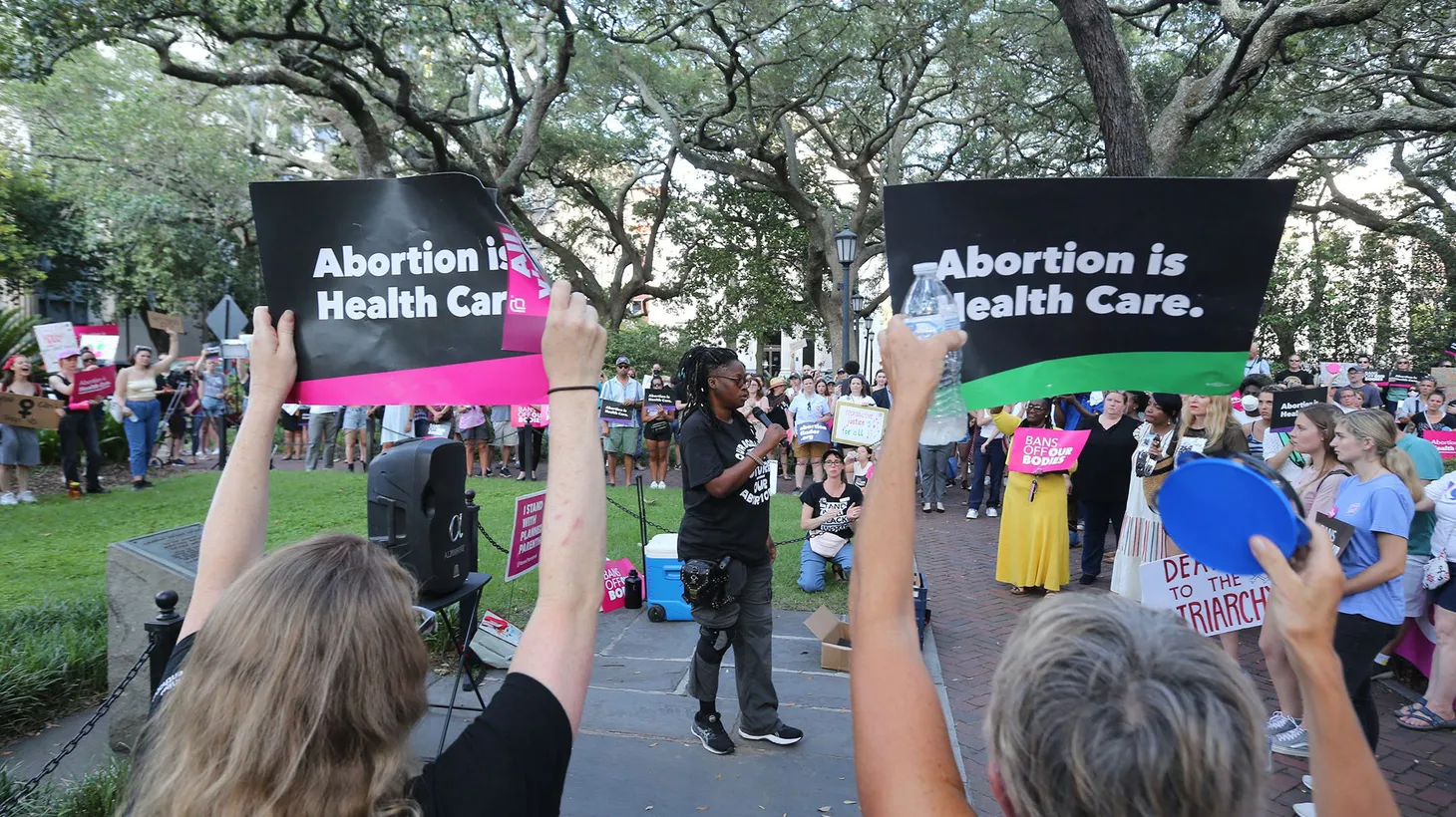A crowd rallies for abortion rights following the Supreme Court ruling overturning Roe v. Wade, in Johnson Square in Savannah, Georgia, on June 24, 2022.