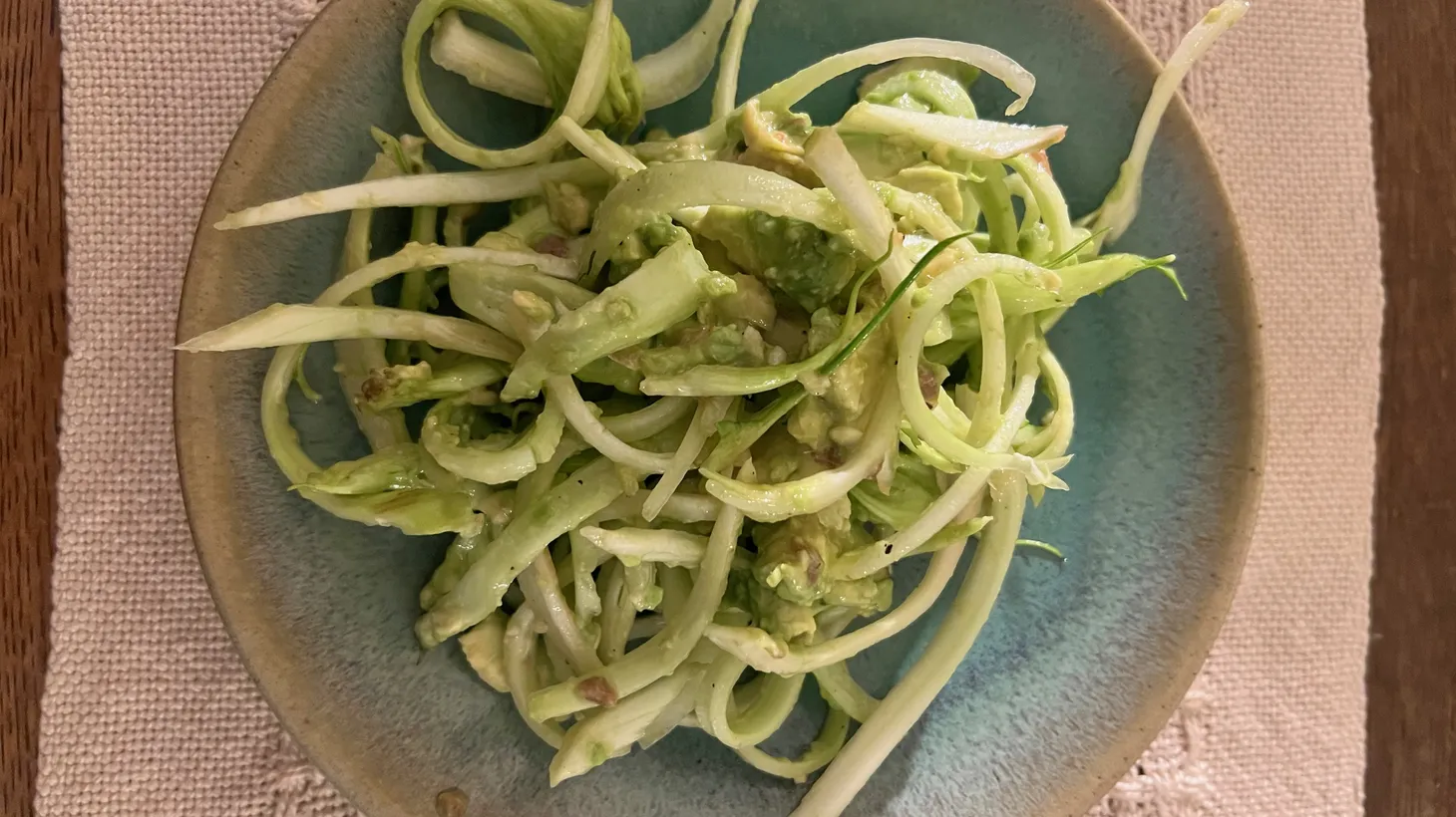 A salad of puntarelle — in the Roman style — is served with a garlic-anchovy vinaigrette.