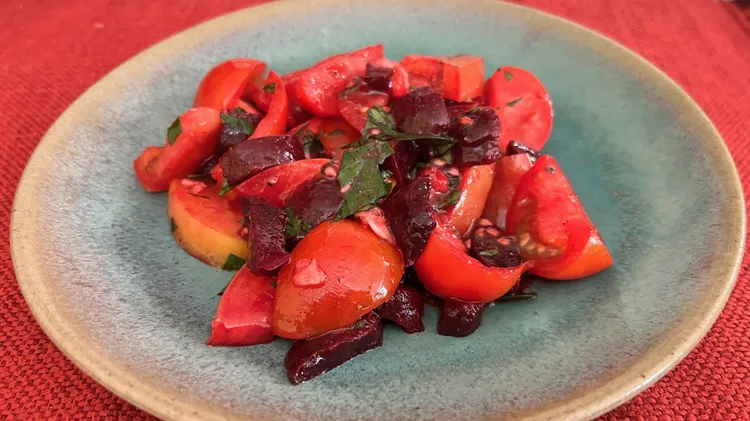 Try this Moroccan salad that combines beets and tomatoes, adapted from Naomi Duguid and Jeffrey Alford’s cookbook, Flatbreads and Flavors.