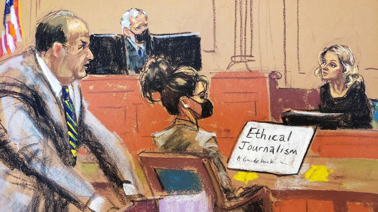 Phoebe Lett is questioned by defense attorney Kenneth Turkel as Sarah Palin, 2008 Republican vice presidential candidate and former Alaska governor, listens during Palin's defamation lawsuit trial against the New York Times, at the United States Courthouse in the Manhattan borough of New York City, U.S., February 7, 2022 in this courtroom sketch.