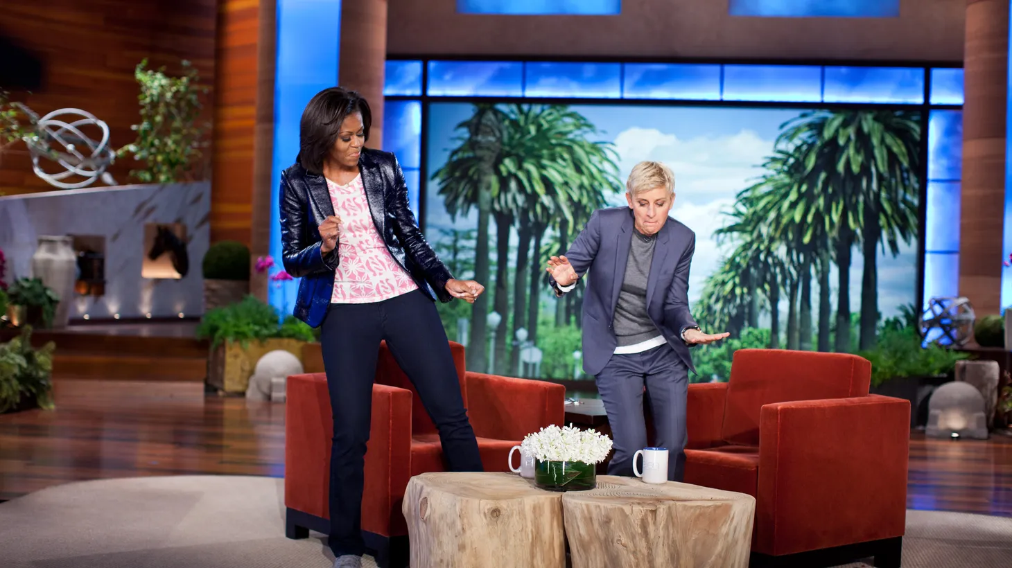 Former First Lady Michelle Obama and Ellen DeGeneres tape an episode of “The Ellen DeGeneres Show” on February 1, 2012.