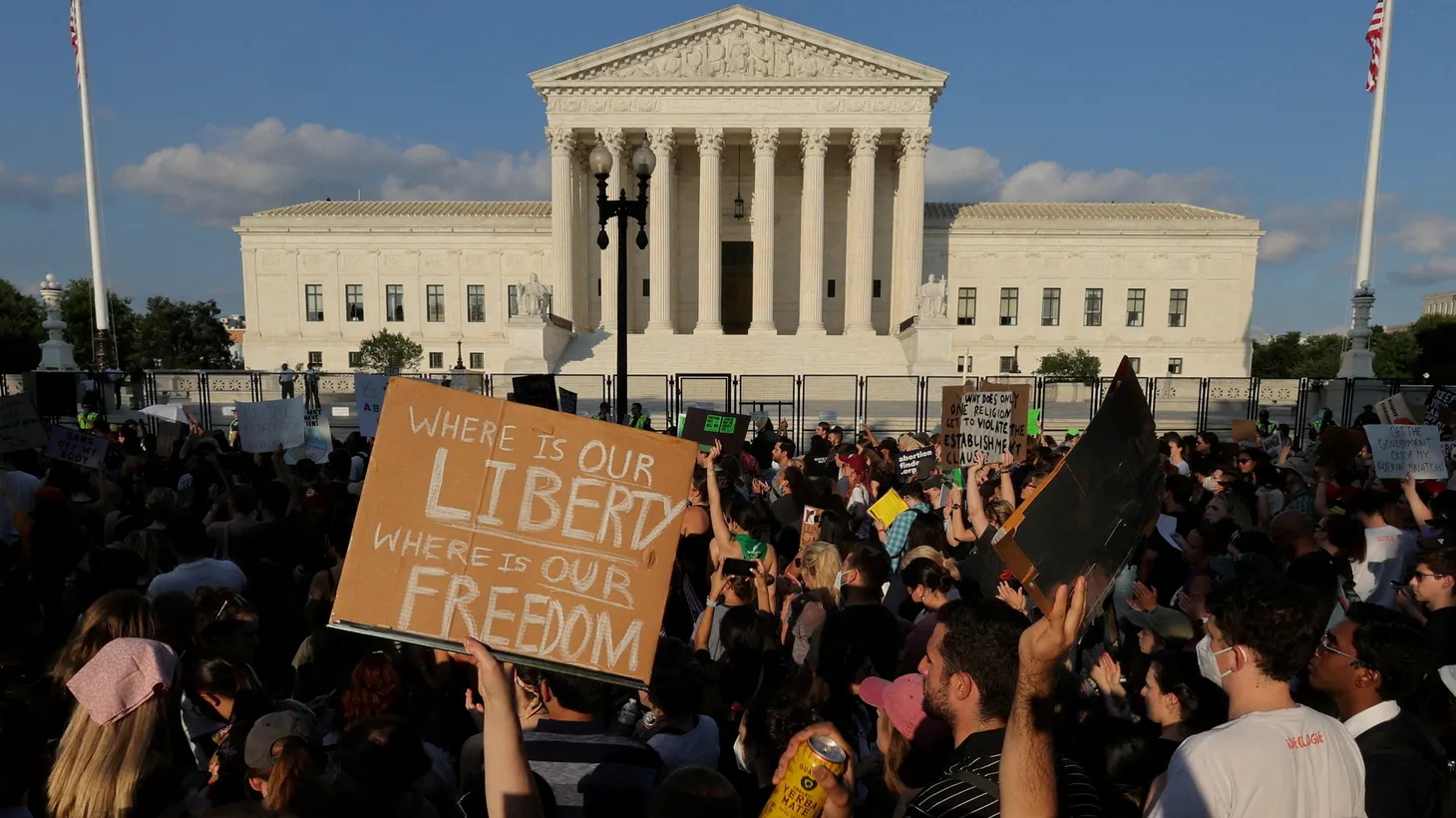 Abortion rights demonstrators protest outside the United States Supreme Court as the justices rule on Dobbs v. Women's Health Organization, overturning the landmark Roe v. Wade decision in Washington, U.S., June 24, 2022.