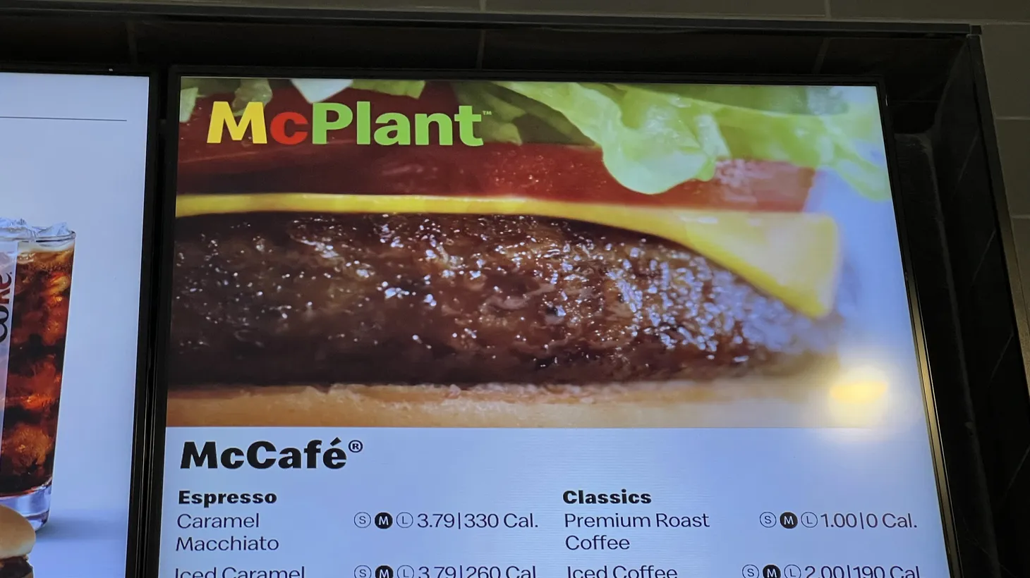 An electronic menu advertises the McPlant burger at McDonald's in Lafayette, California, March 13, 2022.