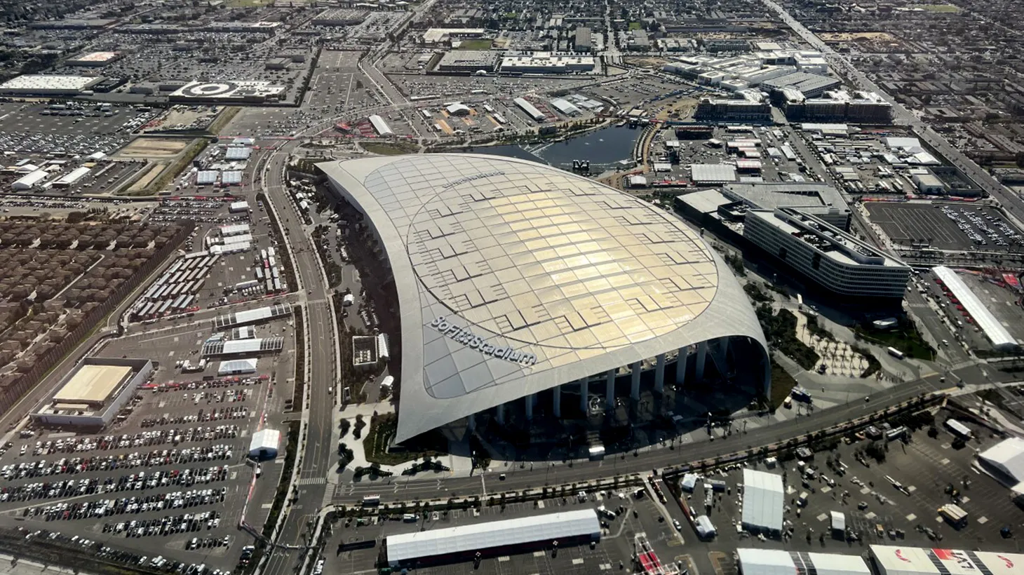 An aerial view shows SoFi Stadium in Inglewood, Feb 8, 2022.