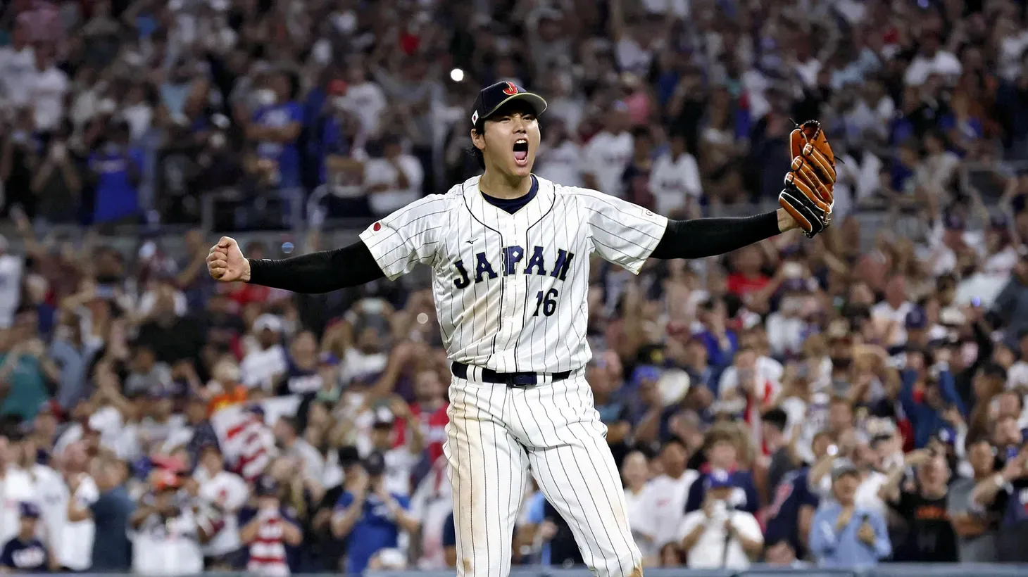 Shohei Ohtani of Japan reacts after winning the World Baseball Classic final match against the United States at LoanDepot Park in Miami, Florida, March 21, 2023. Ohtani of the Los Angeles Angels agreed to a contract with the Los Angeles Dodgers via a free agent.