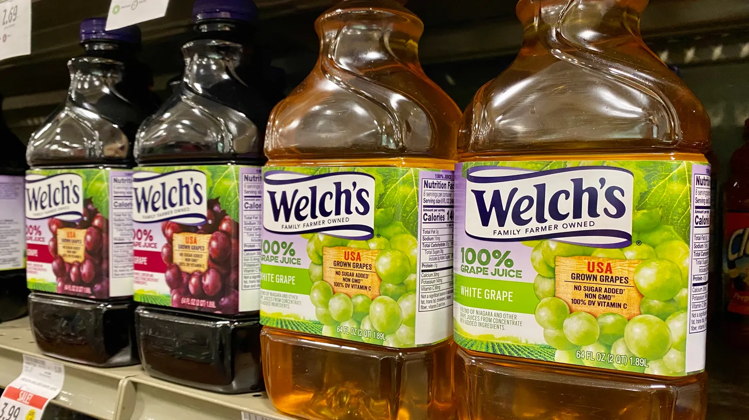 Welch’s bottles advertise “100% grape juice,” “USA grown grapes,” “no sugar added,” “non-GMO,” and “100% DV vitamin C” — at a store in San Jose, California.