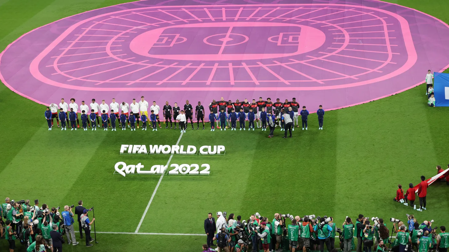 Belgium and Canada teams line up before their match at Ahmad Bin Ali Stadium in Qatar, November 23, 2022. “The Qatari regime is controlling this tournament and showing it in moments like two days before the tournament saying, ‘Oh, actually, after 12 years of preparations, we're not going to allow beer in the stadiums.’ It's less about the beer, in my opinion, than it is about the Qataris showing they can move the goalposts; that they can control a number of things, and that no matter what FIFA says, that's not something that FIFA can guarantee,” says Grant Wahl, U.S. soccer writer for CBS sports.