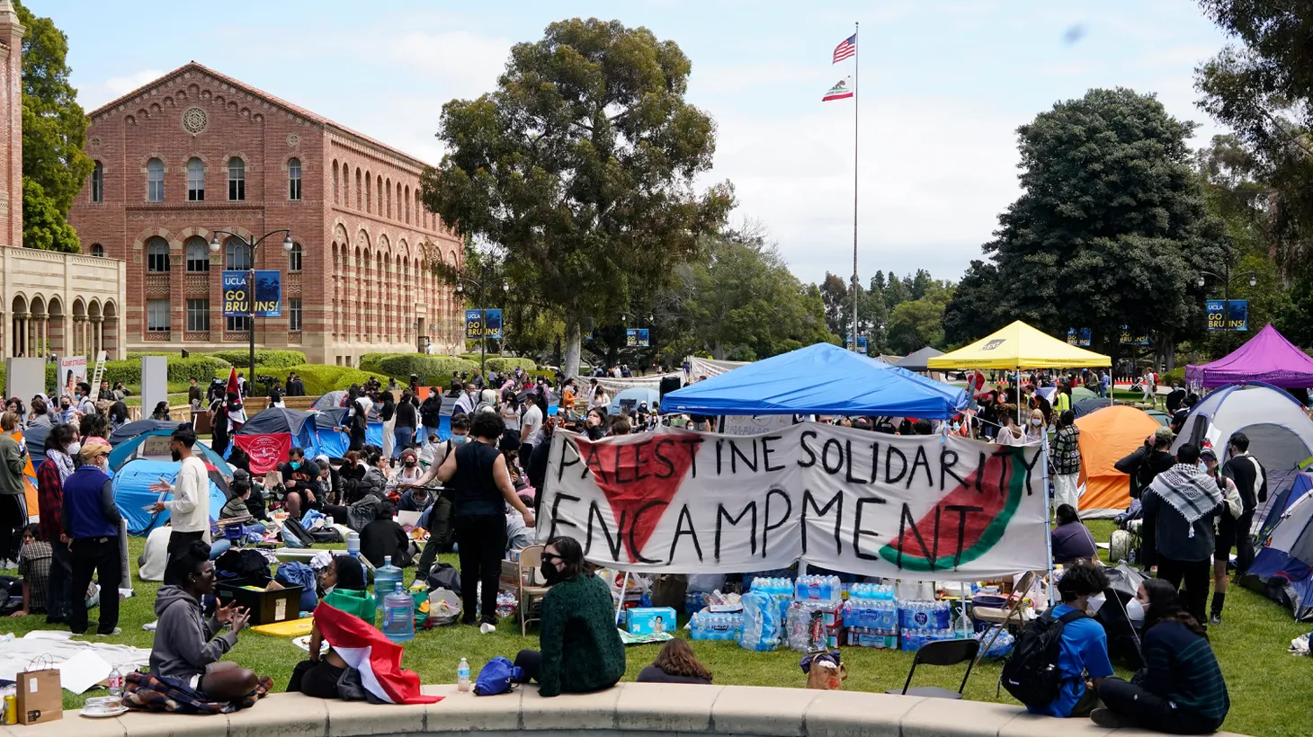 Protesters set up an encampment at UCLA to show support for Palestinians over the Israel-Hamas war in Gaza, April 28, 2024.