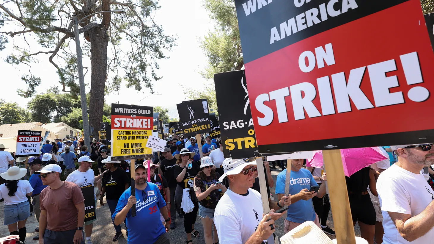 SAG-AFTRA and Writers Guild of America (WGA) members continue striking outside Walt Disney Studios in Burbank, California, U.S., August 22, 2023.