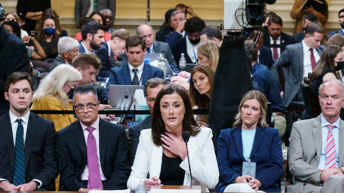 Cassidy Hutchinson, who was an aide to former White House Chief of Staff Mark Meadows during the administration of former U.S. President Donald Trump, testifies during a public hearing of the U.S. House Select Committee investigating the January 6 attack on the U.S. Capitol, in Washington, U.S., June 28, 2022.