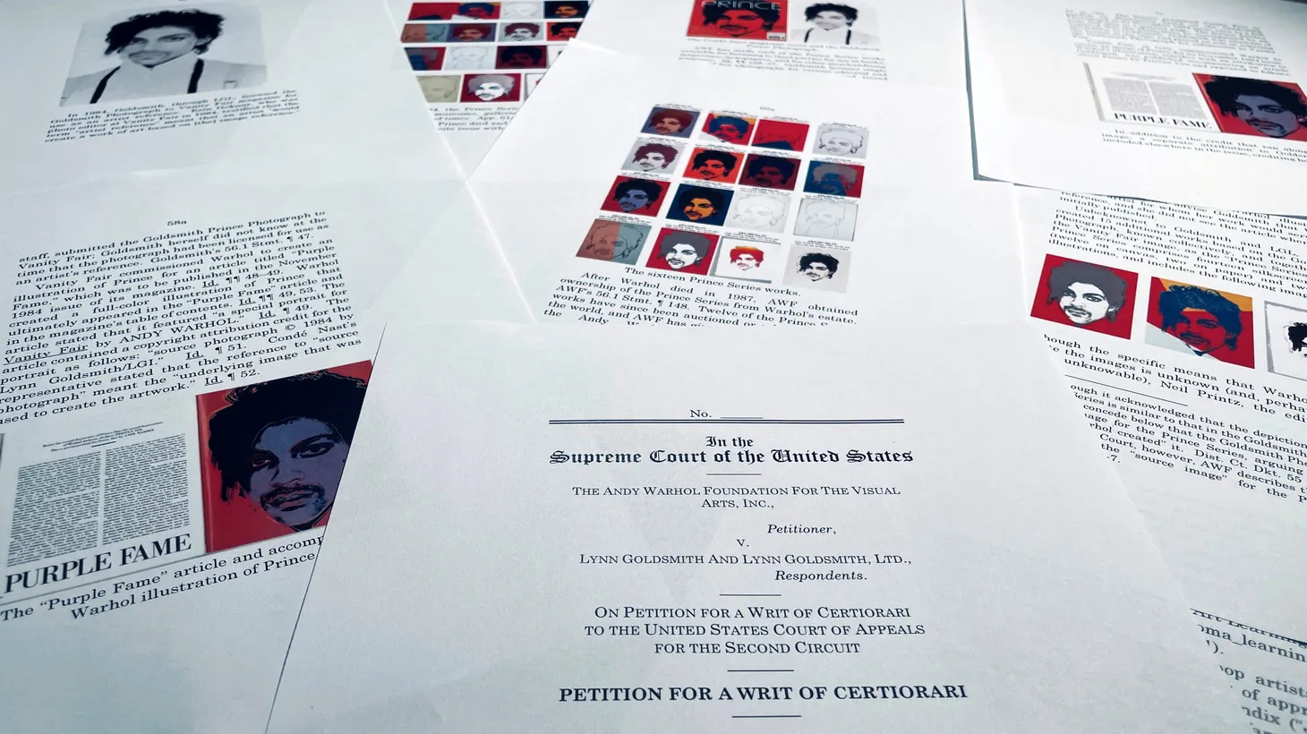 The image shows pages of a petition submitted to the U.S. Supreme Court by the Andy Warhol Foundation for the Visual Arts — in an appeal of a previous judgement in their case against photographer Lynn Goldsmith, concerning Warhol's use of Goldsmith's images of the musical artist Prince, which the court will hear oral arguments over on October 12. Photo taken September 22, 2022.