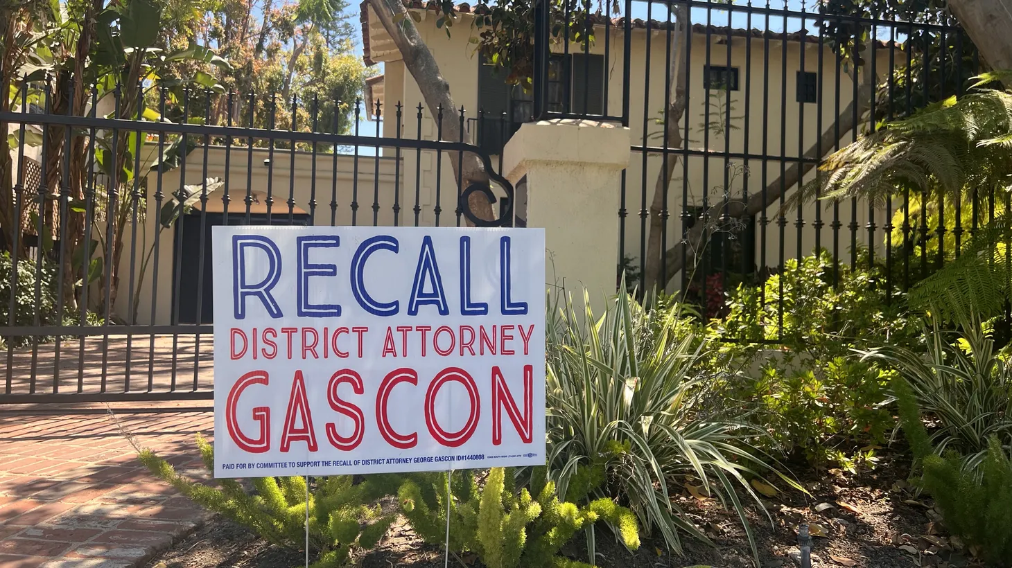 A “recall District Attorney Gascon” sign is displayed in Beverly Hills, June 28, 2022.