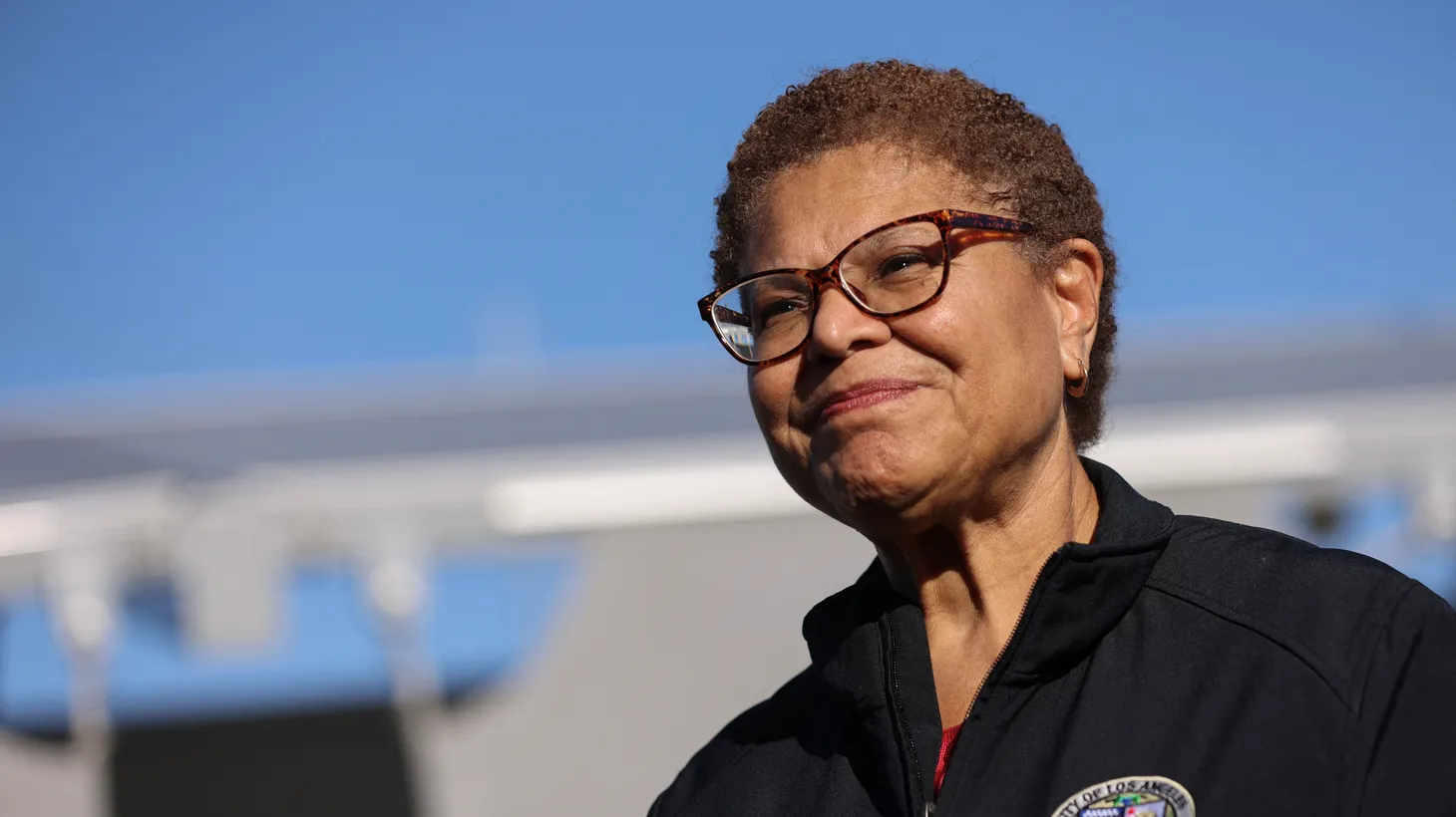 Los Angeles Mayor Karen Bass looks on during a visit to the Hilda L. Solis Care First Village to see the interim housing built from shipping containers in Los Angeles, California, U.S., February 7, 2023.
