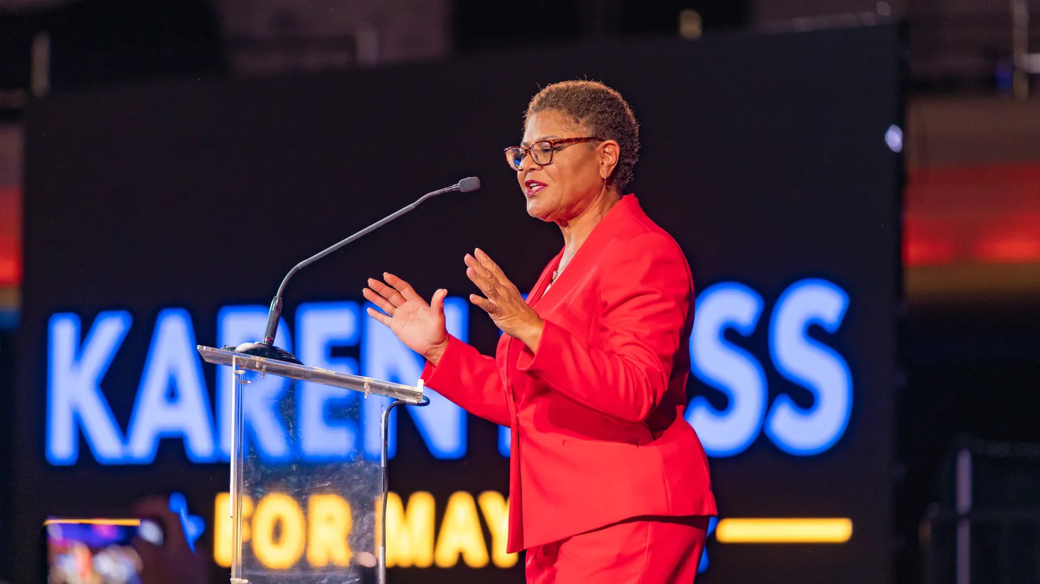 Congresswoman Karen Bass speaks at an election party in Hollywood, CA, November 9, 2022.