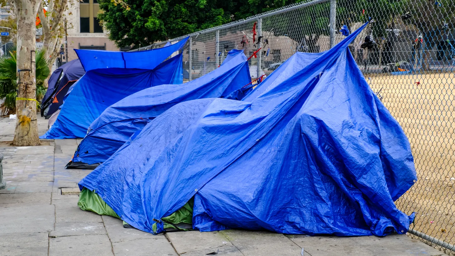 Homeless encampments are lined up near LA City Hall, October 14, 2022.
