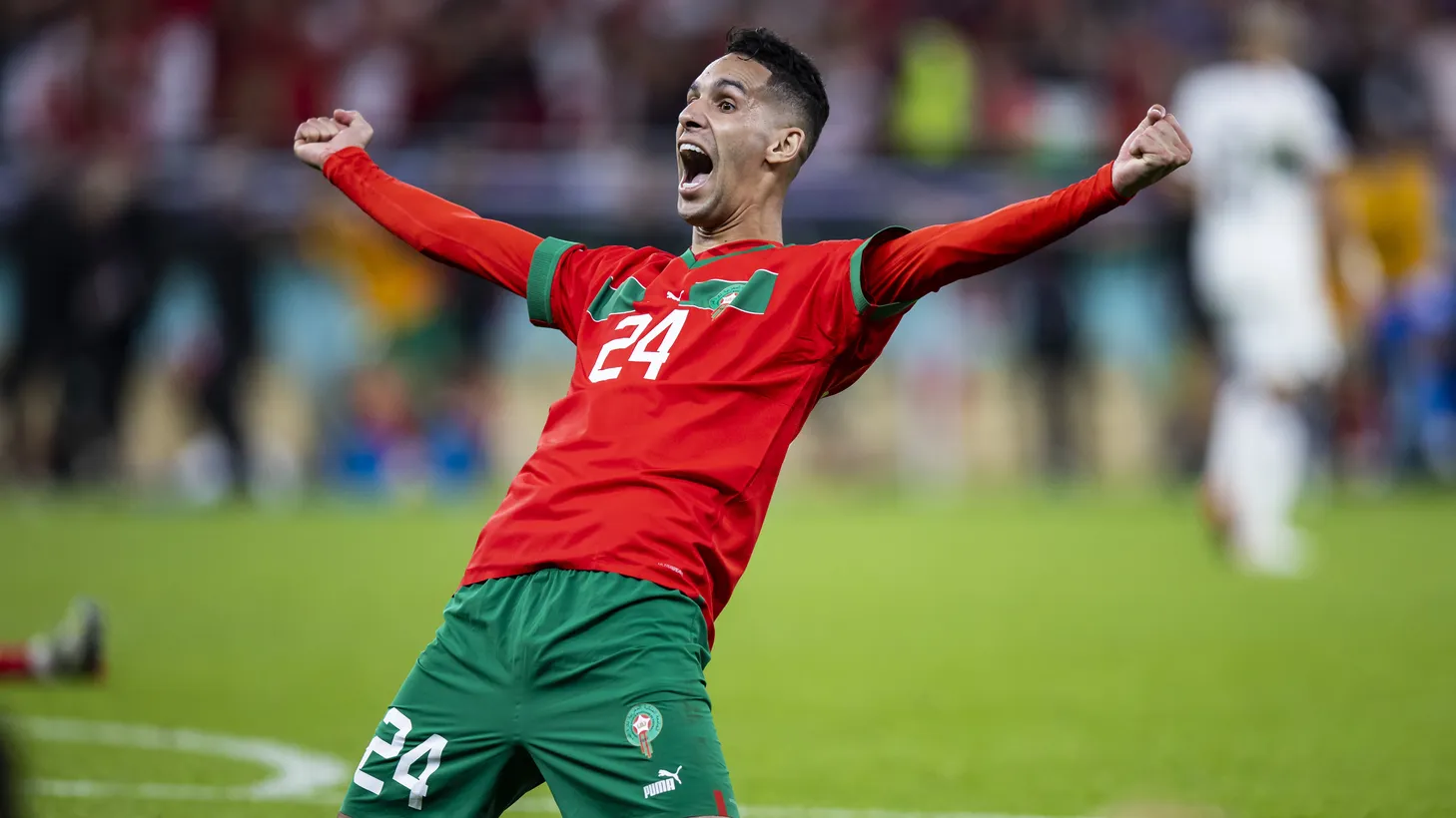 Morocco's Badr Benun celebrates after the match against Portugal during the quarter-finals at Al-Thumama Stadium, December 11, 2022.