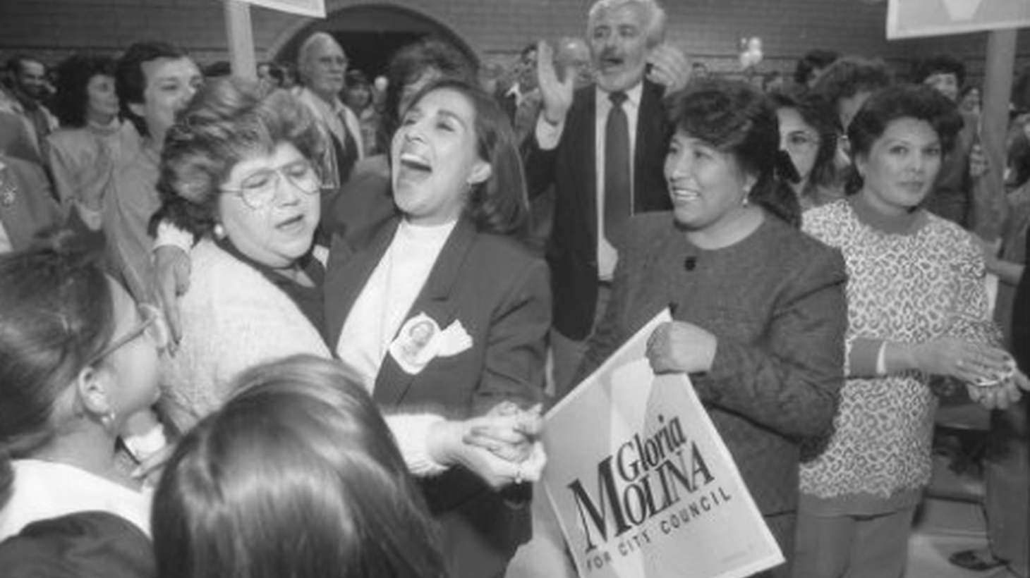 Gloria Molina and supporters celebrate after her City Council victory in Los Angeles, Calif., 1987.