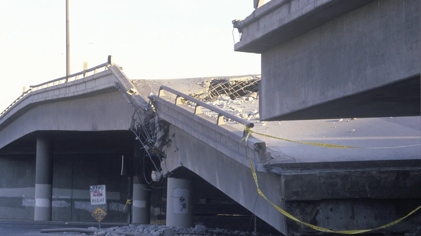 An overpass collapsed on Highway 10 in the Northridge/Reseda area at the epicenter of the 1994 Northridge earthquake.